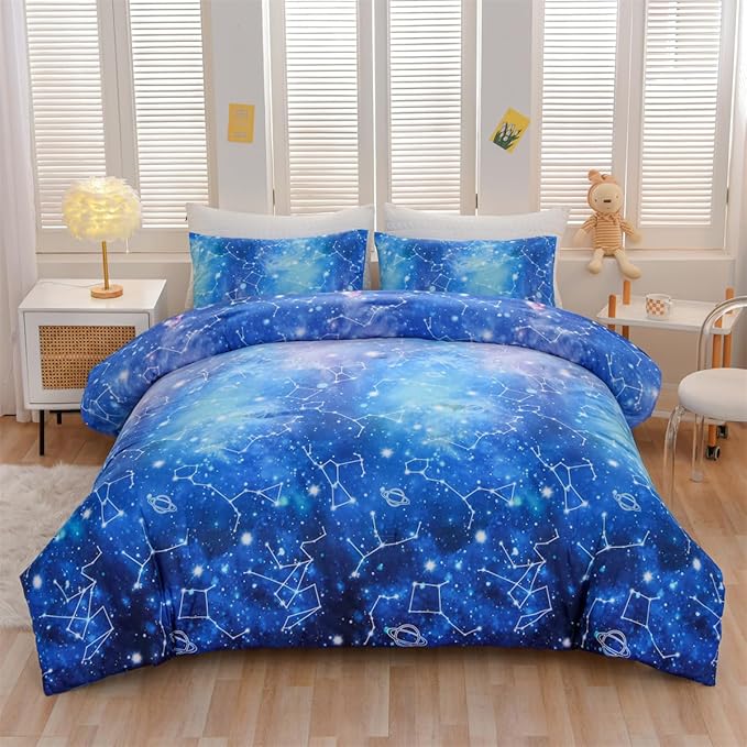 Holawakaka Tie Dye Constellation Print Ombre Comforter Set Twin Size Girls Boys Gradient Galaxy Bedding Set (Cyan,Twin) - LeafyLoom
