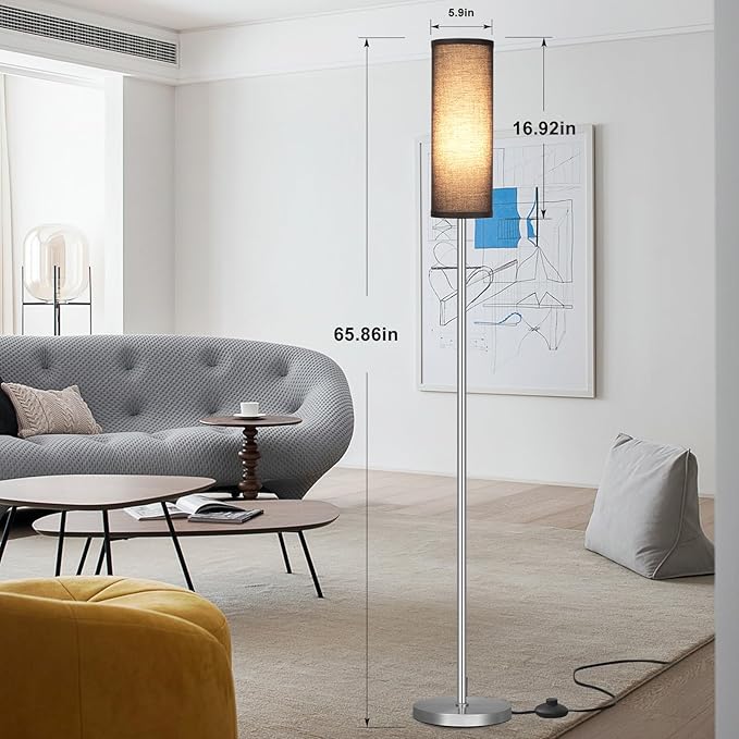 Ambimall Floor Lamp for Living Room - Pole Lamps for Bedrooms, Silver Standing Lamps with Black Shade, 66'' Tall Lamp for Office, Minimalist Floor Lamp for Home Decor - LeafyLoom