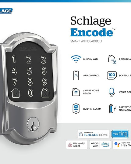 Schlage Encode Smart WiFi Deadbolt with Camelot Trim In Bright Chrome SchlageLockCompany