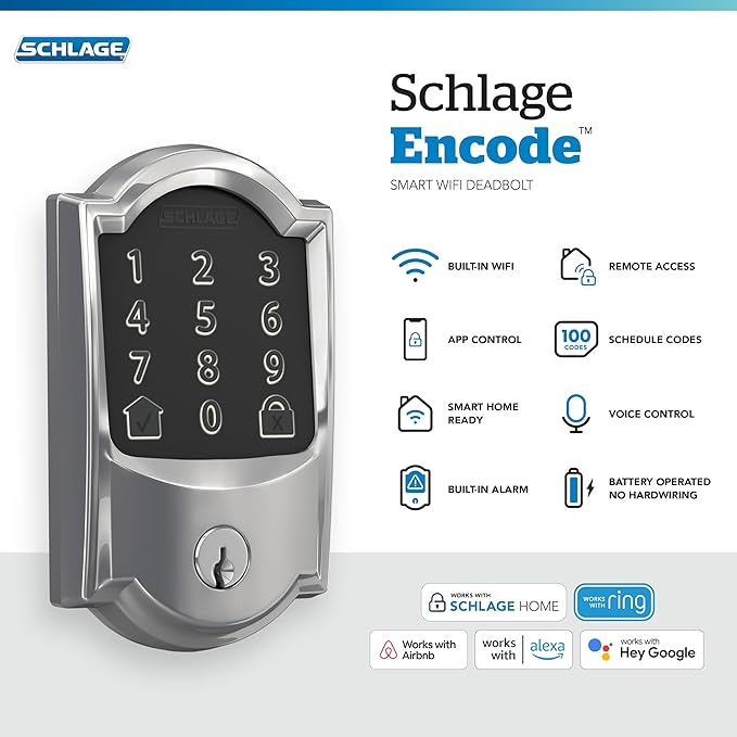 Schlage Encode Smart WiFi Deadbolt with Camelot Trim In Bright Chrome SchlageLockCompany
