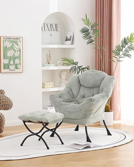 Welnow Lazy Chair with Ottoman, Modern Lounge Accent Chair with Armrests and a Side Pocket, Leisure Sofa Chair, Reading Chair with Footrest for Small Space, Corner Chair, Plush Green - LeafyLoom