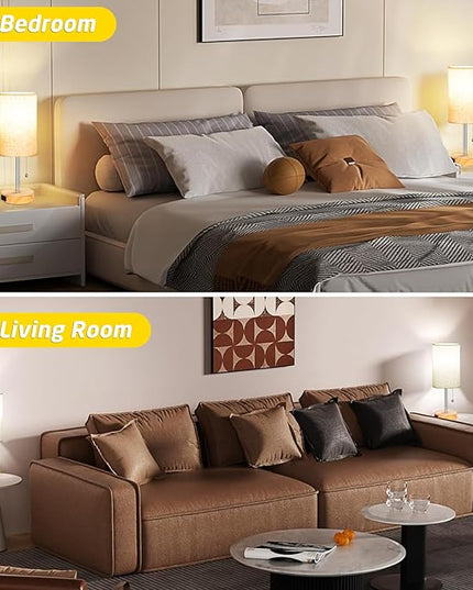 Set of 2 Table Lamps for Bedroom, 2700K/4000K/5000K Bedside Lamp Nightstand Lamp with Pull Chain and AC Outlet, Table Lamp for Living Room Reading Kids Room Wood Grain (8W LED Bulbs Included). - LeafyLoom