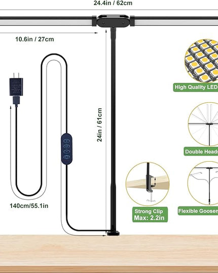 Desk Lamp for Office Home - LED Reading Light 160 LEDs with Clamp Table Lamps Eye-Caring Study Clip on Lights 3 Modes & Stepless Dimming Double Head Computer Lighting for Home, Office and Bedroom - LeafyLoom
