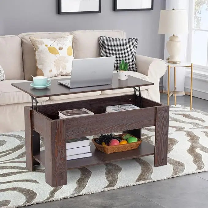 FDW Lift Top Coffee Table with Hidden Compartment and Storage Shelf Wooden Lift Tabletop for Home Living Room Reception Room Office (Espresso) - LeafyLoom