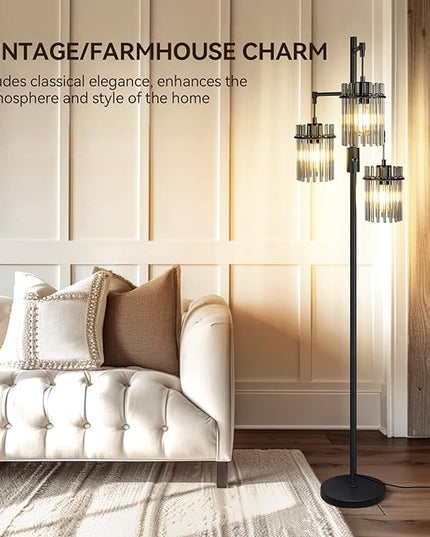 Industrial Modern Floor Lamps for Living Room, Dimmable Glass Tree Standing Tall Lamps with 3 Elegant Teardrop Cage Head & 800 Lumens LED Bulbs for Bedroom Office (66inch tall) - LeafyLoom