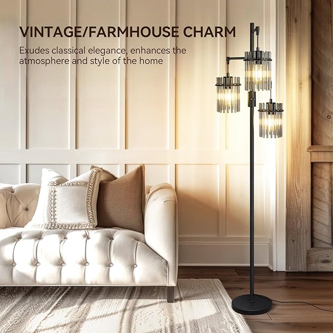 Industrial Modern Floor Lamps for Living Room, Dimmable Glass Tree Standing Tall Lamps with 3 Elegant Teardrop Cage Head & 800 Lumens LED Bulbs for Bedroom Office (66inch tall) - LeafyLoom