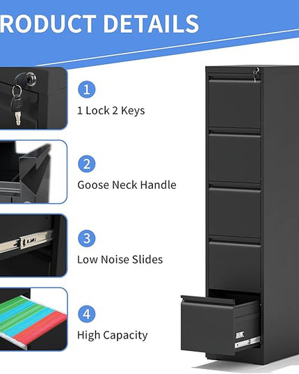 5 Drawer Vertical File Cabinet with Lock, File Cabinet for Home Office, Locking File Cabinet Hanging Files for A4/ Legal/Letter(Require Assembly, Black) - LeafyLoom
