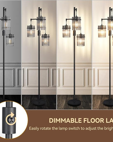 Industrial Modern Floor Lamps for Living Room, Dimmable Glass Tree Standing Tall Lamps with 3 Elegant Teardrop Cage Head & 800 Lumens LED Bulbs for Bedroom Office (66inch tall) - LeafyLoom