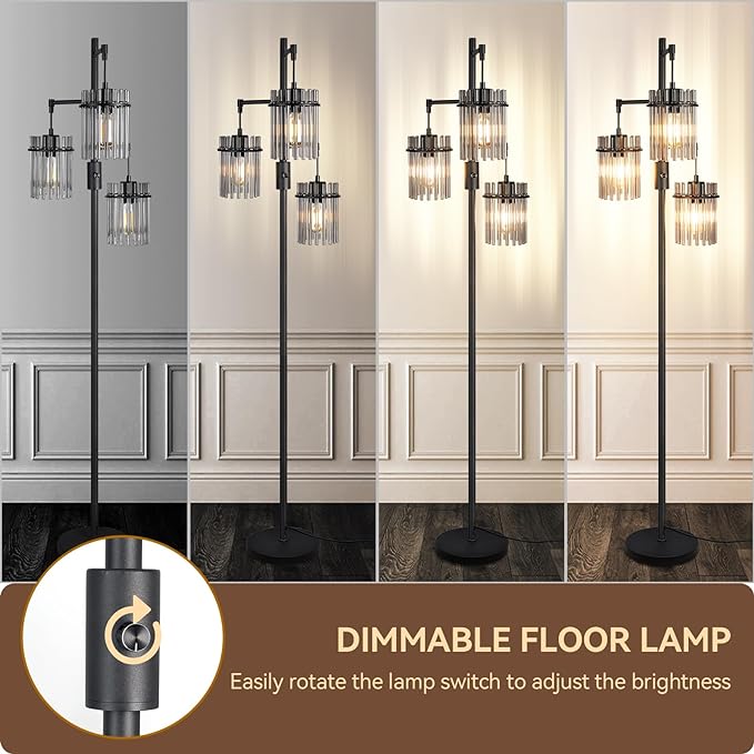 Industrial Modern Floor Lamps for Living Room, Dimmable Glass Tree Standing Tall Lamps with 3 Elegant Teardrop Cage Head & 800 Lumens LED Bulbs for Bedroom Office (66inch tall) - LeafyLoom