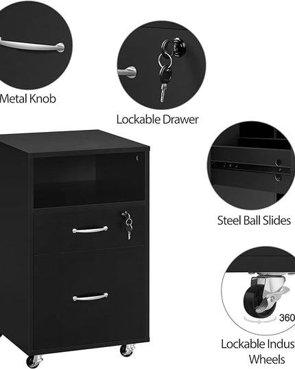 Yaheetech File Cabinet, Under Desk Vertical Cabinet with 2 Drawers and Open Compartment, Printer Stand with Lockable Wheels for A4 Letter Size Hangable File Folders for Home Office(Black) - LeafyLoom