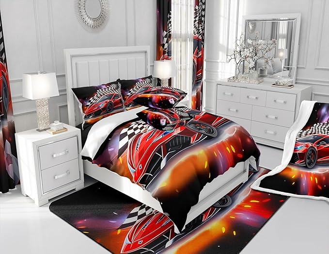 Feelyou Speed Sports Car Comforter Set Queen Size Extreme Sports Bedding Set for Kids Boys Girls Decor Red Comforter Microfiber Checkerboard Quilt Set Bedroom Bedclothes… - LeafyLoom