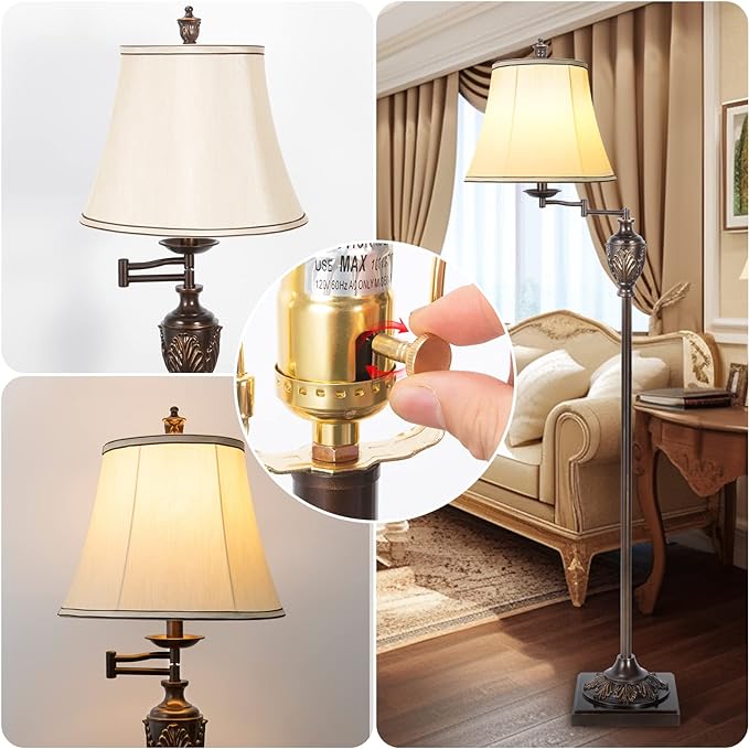 Traditional LED Floor Lamp with 350° Adjustable Swing Arm Lamp – Vintage Standing Pole lamp for Living Room, Bedroom and Office – Rustic Upright Floor Light for Home Décor with Silk Fabric Shade - LeafyLoom