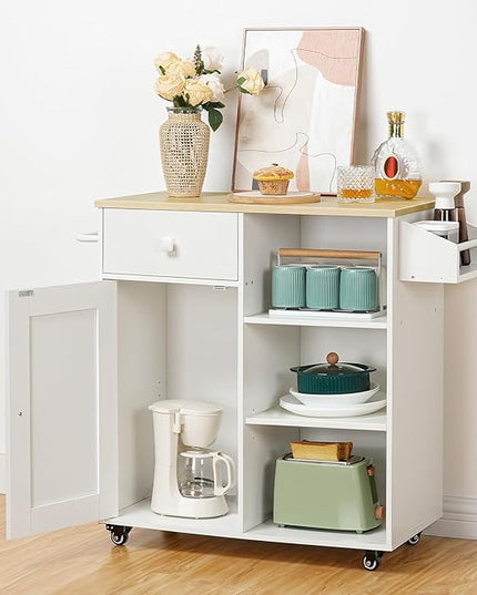 HOOBRO Kitchen Island, Storage Cabinet with Drawer, Kitchen Cart with Spice and Towel Rack, Saving Space, Easy Assembly, for Living Room, White and Natural WN12ZD01 - LeafyLoom