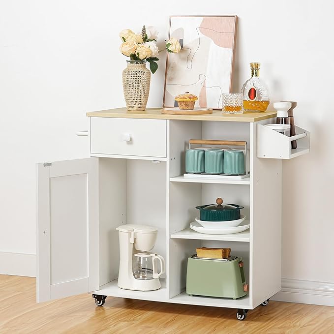 HOOBRO Kitchen Island, Storage Cabinet with Drawer, Kitchen Cart with Spice and Towel Rack, Saving Space, Easy Assembly, for Living Room, White and Natural WN12ZD01 - LeafyLoom