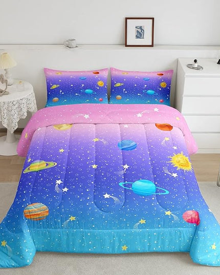 Erosebridal Cute Galaxy Comforter Set King for Boys Girls Kids Stars Planet Space Bedding Set Kawaii Rainbow Pastel Bedding Comforter Sets Pink Blue Purple Ombre Cartoon Quilt Duvet 2 Pillow Cases - LeafyLoom