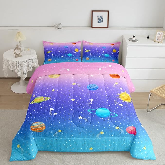 Erosebridal Cute Galaxy Comforter Set King for Boys Girls Kids Stars Planet Space Bedding Set Kawaii Rainbow Pastel Bedding Comforter Sets Pink Blue Purple Ombre Cartoon Quilt Duvet 2 Pillow Cases - LeafyLoom