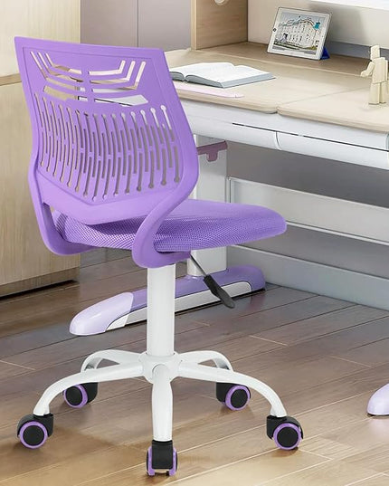 Kids Desk Chair, Armless Home Office Task Chair with Mesh Padded Cushion, Swivel Study Computer Chair with Rolling Wheels for Children Student, Purple - LeafyLoom
