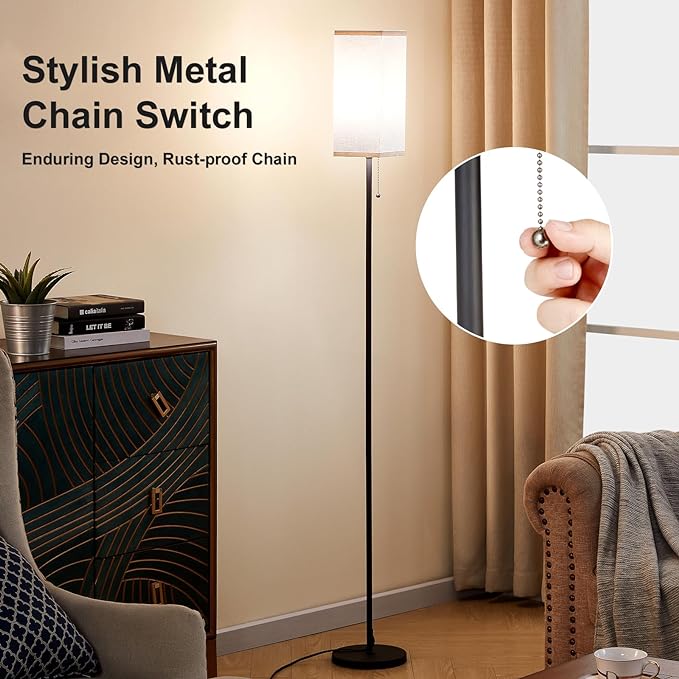 Tall Floor Lamp with Linen Shade - 3 Color Temperature, Black, LED Bulbs, Pull Chain Switch, Easy Assembly - LeafyLoom