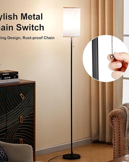 Tall Floor Lamp Set of 2 with Linen Shade - 3 Color Temperature, Black, LED Bulbs, Pull Chain Switch, Easy Assembly(2 Pack) - LeafyLoom