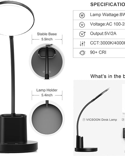 Desk Lamp, LED Desk Lamp for Home Office, Touch Table Lamp with 3 Color Modes 360° Adjustable Arm, Dimmable Desk Light with Pen Phone Holder, Black - LeafyLoom