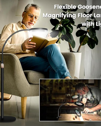 10X Magnifying Glass with Light and Stand,NUEYiO 3-Color Stepless Dimmable LED Magnifying Floor Lamp, 24" Gooseneck Adjustable Swing Arm Lighted Magnifier Lamp with Clamp for Reading Craft Esthetican - LeafyLoom