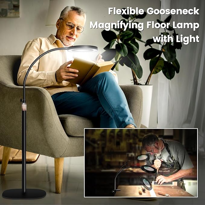 10X Magnifying Glass with Light and Stand,NUEYiO 3-Color Stepless Dimmable LED Magnifying Floor Lamp, 24" Gooseneck Adjustable Swing Arm Lighted Magnifier Lamp with Clamp for Reading Craft Esthetican - LeafyLoom