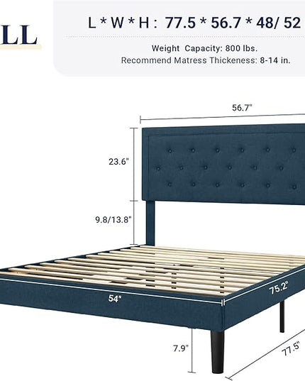 Allewie Full Size Bed Frame Upholstered Platform Bed with Adjustable Headboard, Button Tufted, Wood Slat Support, Easy Assembly, Blue - LeafyLoom