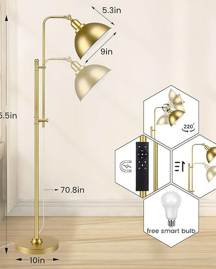 PARTPHONER Industrial Floor Lamp Adjustable, Rustic Farmhouse Reading Lamp in Aged Gold Finish, Modern Standing Lamp with Remote Control Metal Shade for Living Room Bedroom Study Room Office Hotel - LeafyLoom