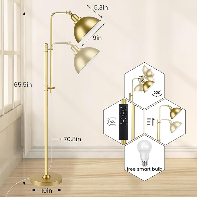 PARTPHONER Industrial Floor Lamp Adjustable, Rustic Farmhouse Reading Lamp in Aged Gold Finish, Modern Standing Lamp with Remote Control Metal Shade for Living Room Bedroom Study Room Office Hotel - LeafyLoom