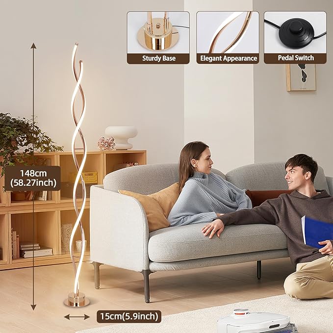 ADISUN 31W Modern Floor Lamp, LED Spiral Floor Lamp for Living Room, 3-Color Dimmable Standing Floor Lamp with Remote Control, 58" Tall Floor Lamp for Living Room Bedroom Office Dining Room (Gold) - LeafyLoom