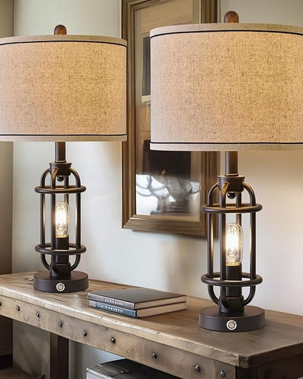 Industrial Black Metal Table Lamps Living Room 23.75'' Lamp for Nightstand Set of 2 Bedside End Lamp Home Decor Touch Lamp Modern Lamps with USB Ports - LeafyLoom