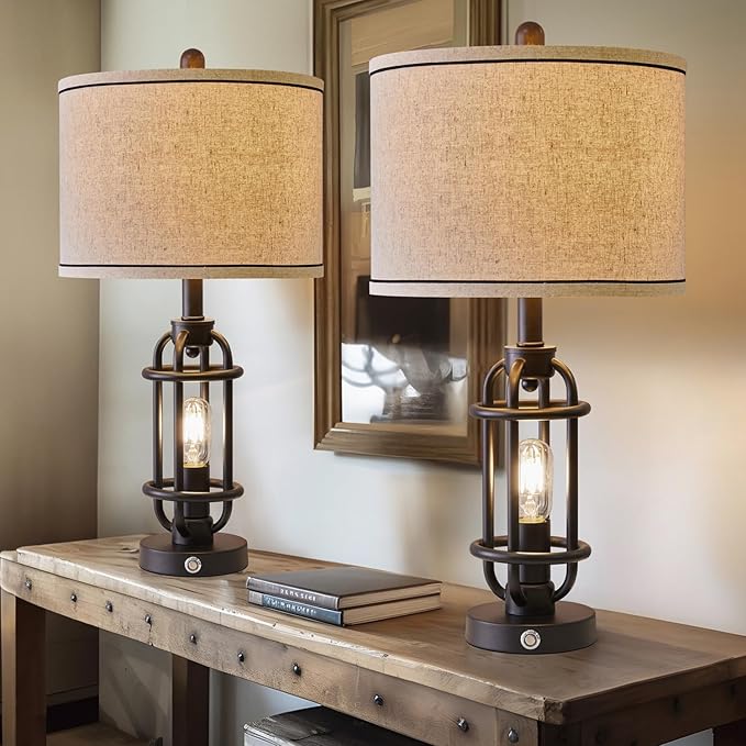 Industrial Black Metal Table Lamps Living Room 23.75'' Lamp for Nightstand Set of 2 Bedside End Lamp Home Decor Touch Lamp Modern Lamps with USB Ports - LeafyLoom
