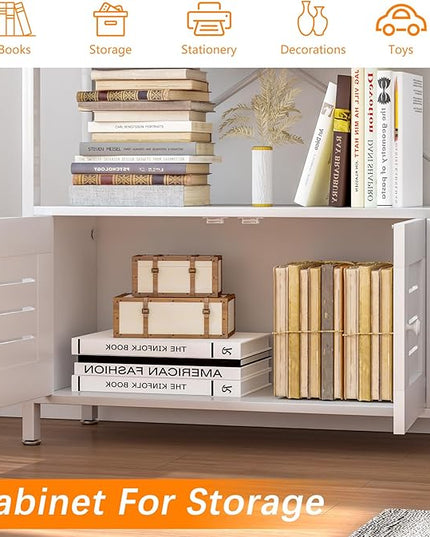 Storage Cabinet with 4 Open Shelves,1 Cupboard,White Bathroom Display Standing Shelf, White Wooden and Metal Frame Shelf for Living Room, Bathroom Bedroom, Home Office Organizer - LeafyLoom