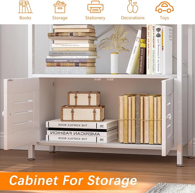 Storage Cabinet with 4 Open Shelves,1 Cupboard,White Bathroom Display Standing Shelf, White Wooden and Metal Frame Shelf for Living Room, Bathroom Bedroom, Home Office Organizer - LeafyLoom