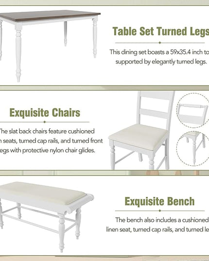Dining Table Set for 6, 6-Piece Dining Table and Chair Set with Turned Legs,Upholstered Dining Chairs and Bench, Dining Room Table Set for Living Room, White - LeafyLoom