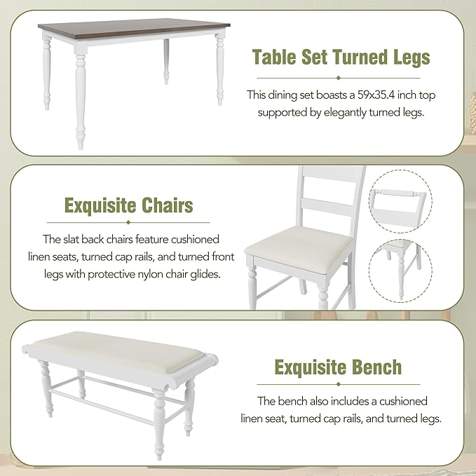 Dining Table Set for 6, 6-Piece Dining Table and Chair Set with Turned Legs,Upholstered Dining Chairs and Bench, Dining Room Table Set for Living Room, White - LeafyLoom