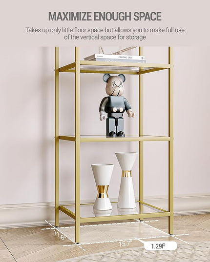 Bookcase Bookshelf, Tempered Glass Bookshelves, Slim Shelving Unit for Bedroom, Bathroom, Home Office, Steel Frame, 3 Tier Gold BC10301G - LeafyLoom