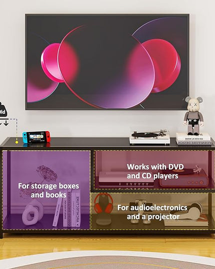 HOME BI TV Stand for 50 55 Inch TV, Entertainment Center with Storage, Wood TV Console for Living Room, TV Cabinet with Metal Frame, Black - LeafyLoom