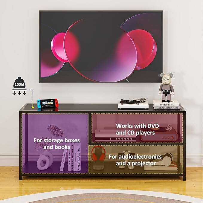 HOME BI TV Stand for 50 55 Inch TV, Entertainment Center with Storage, Wood TV Console for Living Room, TV Cabinet with Metal Frame, Black - LeafyLoom