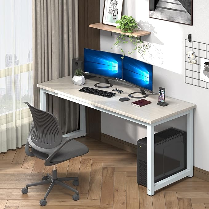 NSdirect Large Office Desk for Home Office, Large 63" Computer Desk Table, Wide Writing Study Desk for 2 Person, Metal Sturdy Frame Thicker Steel Legs, (White Oak, 63"L x 23.6"W x 29.5"H) - LeafyLoom