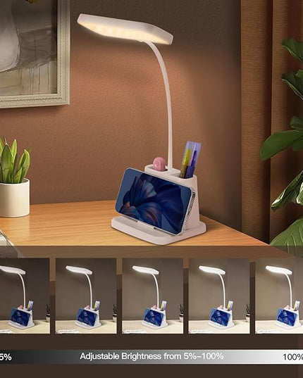 Desk Lamps for Home Office,3 Lighting Modes, Adjustable Brightness, Adjustable Gooseneck Reading Lamp,Rechargeable,Battery Operated Children's Eye Protection Learning Lamp with Pen Holder - LeafyLoom