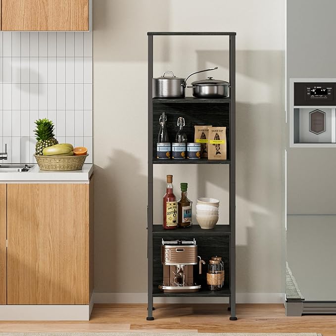 Furologee 5 Tier Tall Bookshelf with Back, Industrial Narrow Bookcase, Display Standing Shelf Units, Metal and Wood Storage Corner Shelves Organizer for Bedroom, Living Room, Entryway, Kitchen, Black - LeafyLoom