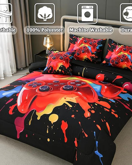Gamer Comforter Set for Boys Kids, 6 Pcs Bed in a Bag Game Controller Boys Bediing Set Twin Size for All Season - LeafyLoom