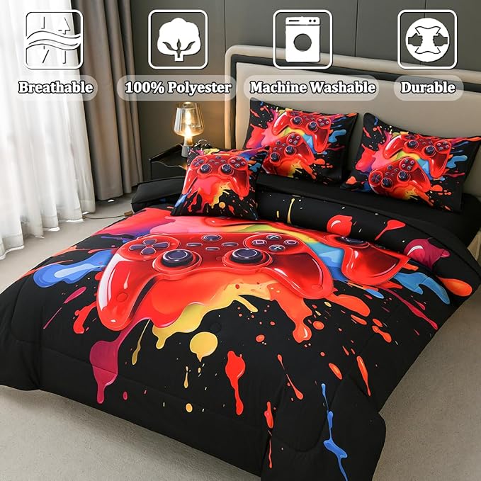 Gamer Comforter Set for Boys Kids, 6 Pcs Bed in a Bag Game Controller Boys Bediing Set Twin Size for All Season - LeafyLoom