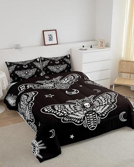 Boys Boho Moth Comforter Set Queen Size Men Gothic Skull Bedding Set for Girls Women Bedroom Decor Bohemian Moon Star Comforter Personalized Moth Skull Skeleton Bones Duvet Set Teens Quilt Set - LeafyLoom