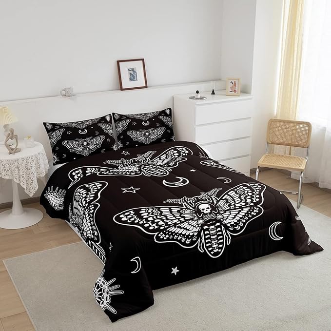 Boys Boho Moth Comforter Set Queen Size Men Gothic Skull Bedding Set for Girls Women Bedroom Decor Bohemian Moon Star Comforter Personalized Moth Skull Skeleton Bones Duvet Set Teens Quilt Set - LeafyLoom