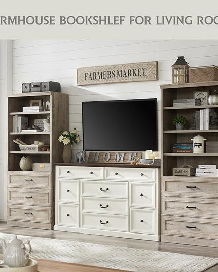 72" Tall Bookshlef with 3 Drawers, Farmhouse 4-Tier Bookcase with Adjustable Shlef, Wooden Storage Cabinet for Living Room, Kitchen, Home Office, Dining Room, Grey - LeafyLoom