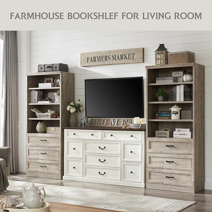 72" Tall Bookshlef with 3 Drawers, Farmhouse 4-Tier Bookcase with Adjustable Shlef, Wooden Storage Cabinet for Living Room, Kitchen, Home Office, Dining Room, Grey - LeafyLoom