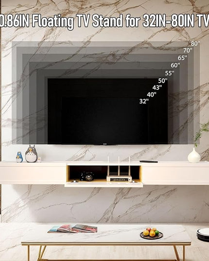 Floating TV Stand in Solid Wood, 71'' High Gloss Wall Mounted TV Cabinet, Floating TV Shelves with Door & Drawers, Modern Entertainment Media Console Center Large Storage Under TV - LeafyLoom