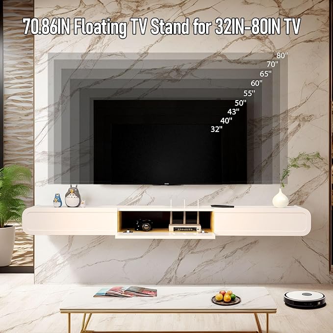 Floating TV Stand in Solid Wood, 71'' High Gloss Wall Mounted TV Cabinet, Floating TV Shelves with Door & Drawers, Modern Entertainment Media Console Center Large Storage Under TV - LeafyLoom